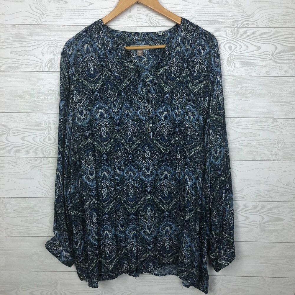Roz & Ali Women's Printed Long Sleeve V Neck Blouse Shirt Green Blue Size 3X